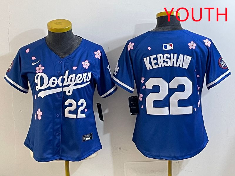 Youth Los Angeles Dodgers #22 Kershaw Blue White Blue Sakura Edition 2025 Nike MLB Jersey style 2->youth mlb jersey->Youth Jersey